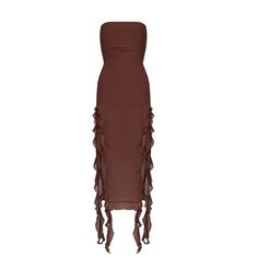 Strapless Chocolate Brown Ruffle Dress Brand New Never Worn Size Small Brown Ruffle Dress, Fitted Brown Chiffon Dress, Brown Ruffled Midi Dress For Party, Strapless Fitted Chiffon Midi Dress, Brown Summer Cocktail Maxi Dress, Summer Cocktail Brown Maxi Dress, Brown Bodycon Dress, Short Brown Dress, Carnival Fashion