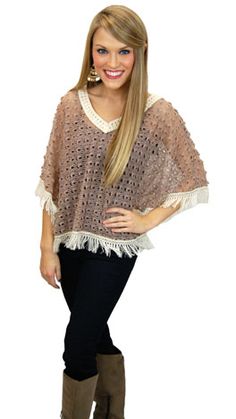 Trim-tastic Top Brown Crochet Trim Top For Vacation, One Size Fringe Tops For Spring, Chic Beige Fringe Tops, Fall Beige Fringe Top, Brown Fringe Tops For Fall, Brown Fringe Top For Fall, Fall Vacation Tops With Fringe, One Size Brown Tops For Beach, Mocha Color