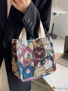 BirdinBag - Cartoon Cat Pattern Small Square Bag - Double Handle for Everyday Use Casual Animal Design Shoulder Bag For School, Casual Portable Square Box Bag, Casual School Shoulder Bag With Animal Design, Cute Rectangular Satchel For Daily Use, Cute Large Capacity Rectangular Canvas Bag, Cute Handheld Bag With Large Capacity, Cute Large Capacity Rectangular Bags, Casual School Bag With Animal Design, Cute Rectangular Shoulder Bag For Daily Use