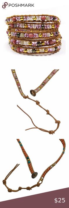 Wrap Bracelet Beads & Leather 🛍️ Real leather with natural stone beads of agate, rhodonite, labradorite and ironstone 🛍️ Wraps 5 times around most wrists. 🛍️ 32" long plus an extra 3" is added with the 4 knots at one end for closure at various lengths. 🛍️ Brand new from manufacturer. Dragonfly Spirit Designs Jewelry Bracelets Natural Stone Beads, Bead Leather, Leather Shops, Brown Fashion, Pink Brown, Womens Jewelry Bracelets, Stone Beads, The 4, Wrap Bracelet