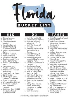 florida bucket list with the words florida and other things to do on it in black