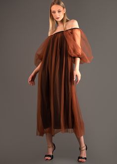 Polyester + Tulle Elastic Bust Model is 5'9 wearing a S Off Shoulder Tulle Dress, Off Shoulder Tulle, Tulle Maxi Dress, Tulle Sleeves, Brown Dress, Tulle Dress, S Models, Set Dress, Dress To Impress