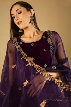 Shop for Monk and Mei Purple Cyra Velvet Floral Embroidered Kurta Sharara Set for Women Online at Aza Fashions Velvet Sharara, Flared Sharara, Kurta Sharara Set, Kurta Sharara, Velvet Short, Georgette Dupatta, Short Kurta, Scalloped Border, Velvet Shorts