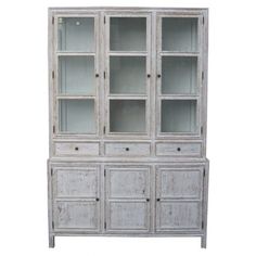 an old white cabinet with glass doors on the top and bottom drawers, against a white background