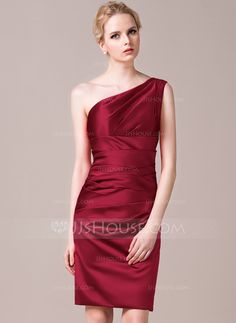 [AU$ 172.00] Sheath/Column One-Shoulder Knee-Length Satin Bridesmaid Dress With Ruffle (007056860) Satin Bridesmaid Dress, Cheap Bridesmaid Dresses, Satin Bridesmaid Dresses, Wedding Party Dresses, Wedding Attire, Special Occasion Dresses, Fitted Dress, Bridesmaid Dress, Red Formal Dress