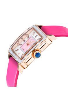 A vivid pink leather-strap rectangular watch offers chic style with a dainty diamond and sparkling red crystals against a white and pink mother-of-pearl dial. 27mm x 30mm case; 18mm band width Buckle closure Swiss quartz movement Total diamond weight: 0.01ct. Antireflective sapphire crystal face Metal/leather/diamond/crystal Swiss made Diamond Guide Formal Pink Diamond Watch With Diamond Hour Markers, Luxury Pink Watch With Rectangular Dial, Classic Pink Watch With Rectangular Dial, Luxury Pink Watches With Rectangular Dial, Classic Pink Watches With Rectangular Dial, Luxury Pink Diamond Watch With Diamond Hour Markers, Trendy Rectangular Watch With Leather Strap, Trendy Rectangular Watches With Leather Strap, Elegant Pink Diamond Watch For Gift