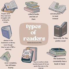 different types of books are shown in this graphic style, with the words'types of readers