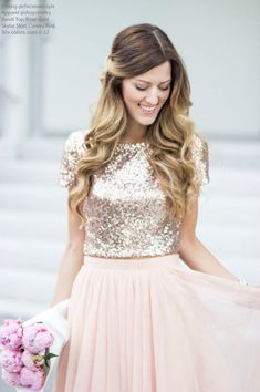 Short Skirt And Top, Rose Gold Sequin Top, Blush Tulle Skirt, Bridesmaid Separates, Tulle Skirts Outfit, Blush Skirt, Prom Goals, Rehearsal Dinner Outfits, Gold Sequin Top