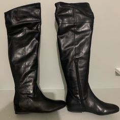 Brand New! Italian Leather Black Boots H 21 In Classic Black Knee-high Boots With Almond Toe, Classic Black Knee-high Boots Medium Width, Classic Black Almond Toe Knee-high Boots, Black Almond Toe Knee-high Boots, Black Wide Calf Knee-high Boots With Flat Heel, Black Knee-high Boots With Wide Calf And Flat Heel, Black Flat Heel Knee-high Boots With Wide Calf, Black Casual Boots With Almond Toe, Casual Black Boots With Almond Toe