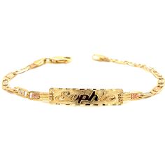 Cherish the Moment with our 14k Yellow Gold Kids and Baby ID Bracelet: Crafted in the timeless Tri-Gold Wide Valentino Link style, this bracelet is a symbol of Elegance and Love. We believe in the power of personalization. Your child's name is expertly cut from solid 14k Gold and elegantly overlaid on the bracelet, creating a one-of-a-kind accessory. Additionally, you have the option to engrave a significant date on the back of the nameplate, transforming this bracelet into a cherished keepsake. Gold Name Bracelet, Customised Bracelets, Id Bracelets, Timeless Gifts, Name Bracelet, Baby Bag, Chain Link Bracelet, Kid Names, Beautiful Bracelet