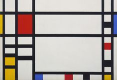 an abstract painting with black, white, red, yellow and blue squares on it