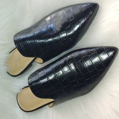 In Excellent Condition. They Were Floor Sample. Size 5 1/2. True To Size. Absolutely Adorable And Stylish. Casual Pointed Toe Faux Leather Mules, Casual Black Low Heel Mules, Black Synthetic Mules For Office, Casual Black Mules For Office, Casual Black Office Mules, Black Low Heel Mules For Office, Black Flat Heel Mules For Fall, Casual Black Pointed Toe Mules, Black Faux Leather Casual Mules