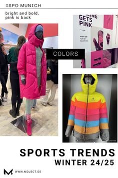 Get ready for vibrant slopes!  bright and bold  pink is back    read more    skiwear color trends, AW 24/25 fashion forecast, activewear color palette, winter   sportswear trends, ISPO 2024 colors Elegant Activewear, Color Palette Winter, Palette Winter, 2024 Colors, Jacket Trend, Trends 2025