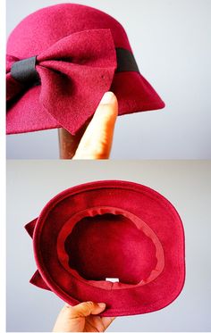 "DESCRIPTION * vintage hat from 1990s * Bucket style: round high crown with sloping downturned stiff brim * made with wool felt fabric * in deep red with a tint of purple * hatband is wrapped with a black grosgrain ribbon and embellished with a red bow * the bow can be worn to the side or to the back * tag reads \"One Size Body 100% Wool, Ribbon 100% Polyester\" CONDITION * Hat is in good clean condition with one spot of the insect bite mark, shown in the last photo. SIZE Hat circumference 22.5\ Retro Curved Brim Top Hat For Winter, Retro Top Hat With Curved Brim For Winter, Retro Red Party Hat, Red Retro Party Hat, Vintage Brimmed Top Hat For Party, Vintage Brimmed Mini Hats For Party, Vintage Brimmed Party Hat, Vintage Red Hat For Kentucky Derby, Red Vintage Mini Hats With Curved Brim