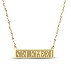 This chic Roman numeral bar necklace is perfect for commemorating a special day. Crafted in 10K yellow gold, the bar pendant features a high polish finish and is customized with a date of your choosing. The pendant suspends from an 18-inch rope chain that secures with a spring ring clasp. Classic Gold Rectangular Bar Necklace, Classic Rectangular Gold Bar Necklace, Classic Gold Nameplate Bar Necklace, Customizable Gold Bar Necklace For Anniversary, Classic Gold Bar Necklace Engraved, Classic Gold Engraved Bar Necklace, Classic Yellow Gold Bar Necklace For Anniversary, Roman Numeral, Bar Pendant