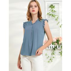 This vintage shirt is designed with a ruffled v-neck and solid color, especially for a professional look at work. The ruffle trim and sleeveless design would show demure, feminine grace and also lend shape and texture. Perfectly match skinny pants or pair this shirt with a pair of high heels to make an elegant look. V-neck Ruffles Blouse For Work, V-neck Ruffle Blouse For Work, V-neck Ruffled Blouse For Work, Casual Ruffle Sleeve Tops For Office, Sleeveless Ruffled Blouse, Solid Ruffle Sleeve Tops For Work, Casual Ruffled Tops For Office Wear, Casual Office Wear Blouse With Ruffles, Casual Ruffle Blouse For Office Wear