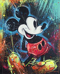 a painting of mickey mouse with paint splatters all over it's face