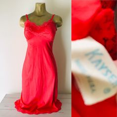 This is a fabulous coral vintage slip / nightgown by Kayser size 32. Fabric is 100% nylon in the most vibrant coral color. Item slips on over the head and has adjustable shoulder straps. Beautiful lace detailing at bodice and hem.  Approximate measurements are 28 inches at waist, 32 inches at bust, 38 inches at hips, 41 inches in length. Item sold in gently-used condition. Retro Summer Nightgown For Sleep, Fitted Retro Summer Sleepwear, Vintage Summer Nightgown With Spaghetti Straps, Vintage Spaghetti Strap Sleepwear For Summer, Red Fitted Summer Nightgown, Slip Nightgown, Vintage Slip, Vintage Slips, Coral Color