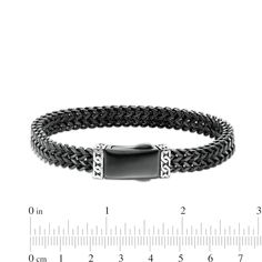 Polish off his favorite casual looks with this chic chain bracelet. Created in solid stainless steel with black ion plate, this 8.25mm-wide choice showcases a double row of Franco snake chain. Adding a unique touch, chain link-like patterns in white solid stainless steel glisten near the clasp. Buffed to a brilliant luster, this 8.5-inch bracelet secures with a box clasp. Black Metal Chain Bracelet With Stainless Steel Clasp, Black Stainless Steel Chain Bracelet, Black Chain Bracelet With Adjustable Stainless Steel Clasp, Adjustable Black Chain Bracelet With Stainless Steel Clasp, Durable Black Stainless Steel Chain Bracelet, Black Stainless Steel Bracelet With Box Chain, Black Metal Bracelet With Box Chain, Black Metal Box Chain Bracelets, Adjustable Black Stainless Steel Cuban Link Bracelet