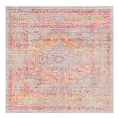 an orange, pink and blue area rug on a white background with multicolored accents