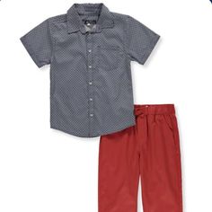 This Shorts-Sleeve Button-Up Shirt And Pant Set Makes Dressing Your Little Gent A Breeze. Chambray Cuffs And Inner-Collar Trim Add An On-Trend Accent. A Classic Button Placket And Logo Tag Complete The Look. Boys Short-Sleeve, Button-Down Shirt And Pant Set Red, White And Blue Pattern. Coordinating Rust Red Colored Pant "Ben Sherman" Script Logo Tag 100% Cotton Machine Washable Casual Cotton Button-up Sets, Casual Short Sleeve Sets With Button Closure, Casual Blue Buttoned Sets, Casual Blue Sets With Buttons, Spring Cotton Sets With Button Closure, Cotton Short Sleeve Set With Button Closure, Dusty Pink Outfits, White And Blue Pattern, Joggers Outfit