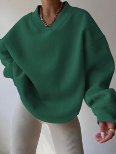 Women's Casual Solid Color Drop Shoulder Loose Sweatshirt, Autumn/Winter Green Casual  Long Sleeve Knitted Fabric Plain Pullovers Non-Stretch  Women Clothing, size features are:Bust: ,Length: ,Sleeve Length: Winter Ribbed Sweatshirt, Winter Solid Color Sweatshirt, Casual V-neck Winter Sweatshirt, Cozy Long Sleeve Solid Color Sweatshirt, Ribbed Solid Color Sweatshirt For Winter, Ribbed Long Sleeve Sweatshirt For Winter, Trendy Green V-neck Sweater For Winter, Ribbed Long Sleeve Winter Sweatshirt, Cozy V-neck Sweatshirt With Ribbed Cuffs