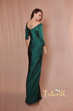 Bridesmaids Silk Dress Cowl Neck Long Sleeves Dress | Etsy Green Formal Dress With Sweep Train, Formal Green Dress With Sweep Train, Green Sweep Train Dress For Formal Occasions, Green Fitted Satin Bridesmaid Dress, Fitted Green Bridesmaid Dress For Formal Occasions, Elegant Green V-neck Mother Of The Bride Dress, Elegant Green Satin Formal Dress, Elegant Green Satin Dress For Formal Occasions, Elegant Green Dress With Sweetheart Neckline