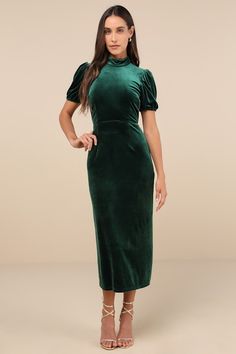 You'll prove that your sense of style is perfection when you strut in wearing the Lulus Fabulous Intuition Emerald Velvet Backless Column Midi Dress! Luxe plush velvet shapes this gorgeous dress that features a chic mock neckline, a darted bodice, and trendy puff sleeves with gathering at the shoulders and elastic at the cuffs. The high, fitted waist tops a figure-skimming, column skirt that falls to an elegant midi hem with a kick pleat at back. Long sash ties flow from the neckline and accent Winter Graduation Dress, Emerald Velvet Dress, Knot Tie Dress, Tea Length Prom Dress, Christmas Velvet, Emerald Velvet, Short Graduation Dresses, Midi Dress Green, Backless Midi Dress