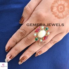 Natural Opal Gemstone Ring, Ruby Gemstone Ring, Emerald Silver Ring, Pave Diamond Jewelry, 925 Sterling Silver Jewelry, 14k Gold Plated Ring Gross Weight: 10.36 gram Gemstone Weight: 10.79 cts Diamond Weight: 0.60 cts Ring Size: 30X26 MM NOTE:- All The Products Are Designed And Manufactured In My Workshop By Me & My Team. Shown Products Are Purely Handmade. Custom Orders Are Open Handly Accepted. We Are the Perfect Choice For Any Custom Jewelry Manufacturing. For Bulk Orders Please Message m Unique Diamond Rings With Stones, Oval White Ruby Gemstone Ring, Oval Multicolor Hallmarked Ring, Multicolor Oval Hallmarked Ring, Opal Open Ring With Stone Setting For Anniversary, White Rings With Gemstone Accents, Oval Multi-stone Birthstone Ring, Opal Ring With Diamond Gemstone Accents, Multicolor Hallmarked Jewelry Ring