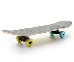 a skateboard is shown with wheels on the bottom and yellow spokes at the bottom