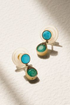 An avid collector of vintage jewelry, Jenna Blake Grosfeld is often inspired by Art Deco and mid-century styles when designing her pieces. These 18-karat gold earrings are set with vibrant turquoise cabochons and faceted emeralds cradled in teardrop-shaped charms. Wear them stacked with other colorful pieces. Turquoise Earrings Gold, Emerald Earrings Drop, Diamond Drop Earrings, Emerald Earrings, Diamond Drops, Diamond Hoop Earrings, Gold Drop Earrings, Fine Jewellery Earrings, Turquoise Earrings