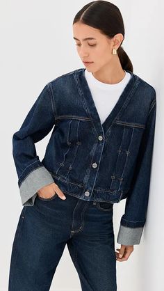 Cecilie Bahnsen Viveca Jacket | Shopbop Washed Denim Top For Work, Fall Denim Top With Button Cuffs, Dark Denim Jacket, Cecilie Bahnsen, Normal Clothes, Pin Tucks, Dark Denim, Button Placket, Denim Women