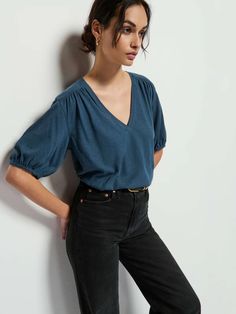 Edie Top - Midnight Navy | NATION LTD Fall V-neck Puff Sleeve Top With Blouson Sleeves, Trendy V-neck Top With Blouson Sleeves, Effortless V-neck Blouse For Fall, Effortless Fall V-neck Blouse, Fall V-neck Top With Gathered Sleeves, V-neck Puff Sleeve Top For Work With Gathered Sleeves, V-neck Puff Sleeve Top For Work, Fall V-neck Puff Sleeve Top For Work, Everyday Balloon Sleeve Tops Relaxed Fit