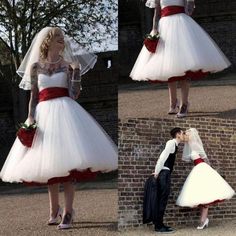 four different shots of a bride and groom kissing in front of a brick wall,