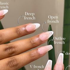 Pause Salon & Spa ⏸ on Instagram‎: "Different types of french nails 🤍Which one is your favourite?  ستايلات وايد من اظافر الفرينش - اي ستايل تحبين ؟ #pausesalon"‎ Reverse French Manicure Almond Nails, Deep Smile Line Nails French Almond, French Manicure Designs Coffin Shape, Unique French Tip Acrylic Nails, French Variations Nails, French Tip Ombre Nails Coffin, French Nail Variations, French Oval Acrylic Nails, Coffin Shape Nails French Tip