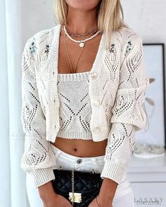 Lasaky - Long-sleeved crop top with button decor and tank top Chic Button-up Crop Top For Spring, White Cropped Crop Top With Button Closure, Fall Crop Top For Day Out, Fall Day Out Crop Top, Trendy Crop Top With Button Closure, Button-up Crop Top With Buttons For Day Out, Chic Crop Top With Button Closure, Casual Buttoned Crop Top, Trendy Fitted Buttoned Crop Top