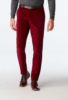 These casual, heavyweight corduroy red pants are made from one of this season's most popular fabrics. Perfect for dressing down a blazer or dressing up your usual jeans-and-tee look, the Flaxton is the ideal all-rounder. Fitted Velvet Winter Pants, Winter Fitted Velvet Pants, Fitted Velvet Pants For Winter, Winter Velvet Fitted Pants, Classic Red Bottoms For Winter, Classic Red Bottoms For Fall, Classic Red Winter Bottoms, Fitted Burgundy Pants For Winter, Red Straight Leg Corduroy Bottoms