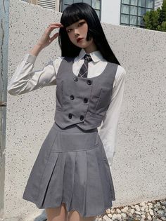 ❤︎ Check Nek Type Plain Shirt + Double Breaest Best + Ashim Pleated Skirt❤︎ Uniform With Vest, Vest Uniform, Aesthetic Uniform, Black Shirt Dress Outfit, Double Breasted Vest, School Uniform Fashion, School Uniform Outfits, Japan Outfit, Shirt Dress Outfit