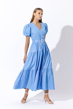 Remi Belted Poplin Maxi Dress - Blue Ring Belt, Blue Maxi, Feminine Silhouette, Flowing Skirt, Dressy Outfits, Fashion Woman, Maxi Dress Blue, Maxi Wrap Dress, Environmental Impact