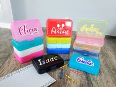 "Get your child ready for school with this stylish personalized pencil box. Your kid will love it. Choose from 14 different box colors, 9 different fonts and many decals (please reach out to me if you are looking for a specific character or motive) \"Font Offset\" has a white Shadow behind the name (as seen with How to order: 1. Choose box color in drop down menu 1 2. Choose Font (and Offset option) in drop down menu 2 3. Enter Name color and decal number (if wanted) in personalization box. Plea Kids Pencil Box, School Supplies For Kids, Personalized Pencil Case, Kids School Supplies, White Shadow, Personalized Pencils, Crayon Box, Pencil Box, School School