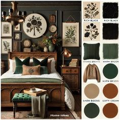 a bedroom with green and brown colors in the walls, furniture and pictures on the wall