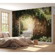 a bedroom with a stone wall and large mural