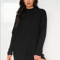 High Neck Rib Dress Black Us Size 2/4 W4 Black Crew Neck Mini Dress For Fall, Casual Black Midi Sweater Dress, Black Mini Sweater Dress For Work, Black Sweater Dress For Date Night In Spring, Rib Dress, High Neck Jumper, Ribbed Dresses, Black Rib, Jumper Dress