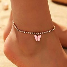 Colour: gold/pink  Material : Alloy / Rhinestones Size: Perimeter 18cm , extension chain length around 5.5cm Package includes: 1 x Women anklet  Notes: Due to lighting and screen setting  difference the colour may be slightly different from the pictures Rhinestone Anklet, Butterfly Anklet, Leg Chain, Foot Bracelet, Heart Anklet, Boho Crystal, Women Anklets, Beach Anklets, Gold Anklet