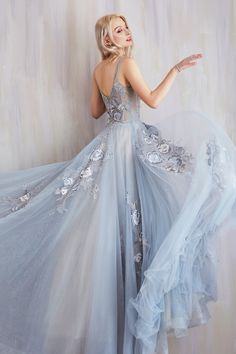 Andrea and Leo A0893 Virginia embroidery v-neck ball gown. Ethereal Ball Gown, Tiered Tulle Skirt, Tulle Balls, Paris Blue, Prom Ball Gown, Tulle Ball Gown, Ball Gowns Evening, Fairytale Dress, Ball Gowns Prom