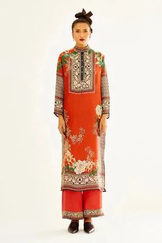 Shop for Rajdeep Ranawat Orange Champa Silk Printed Tunic for Women Online at Aza Fashions Rajdeep Ranawat, Tunics Online, Orange Bird, Satin Color, Fabric Silk, Band Collar, Print Tunic, Womens Tunics, Floral Fabric