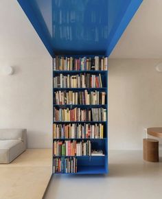 a blue book shelf filled with lots of books