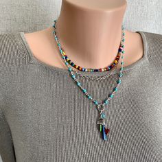 Multicolor Sterling Silver Dangle Necklaces, Multicolor Sterling Silver Dangle Necklace, Bohemian Sterling Silver Beaded Chain Necklace, Colorful Bohemian Beaded Chain Jewelry, Multicolor Beaded Chain Bohemian Turquoise Necklace, Multicolor Spiritual Beaded Chain Jewelry, Multicolor Bohemian Beaded Chain Turquoise Necklace, Bohemian Multicolor Turquoise Necklace With Beaded Chain, Spiritual Multicolor Beaded Chain Jewelry