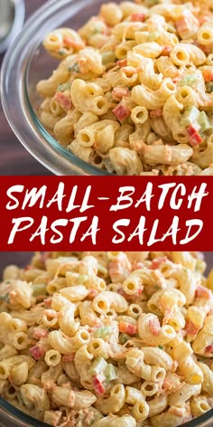 two pictures show the same pasta salad in different bowls, one with macaroni and cheese