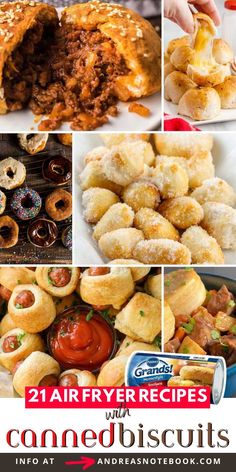 the collage shows different types of sandwiches and pastries with text overlay that reads, 21 air fryer recipes with corned biscuits